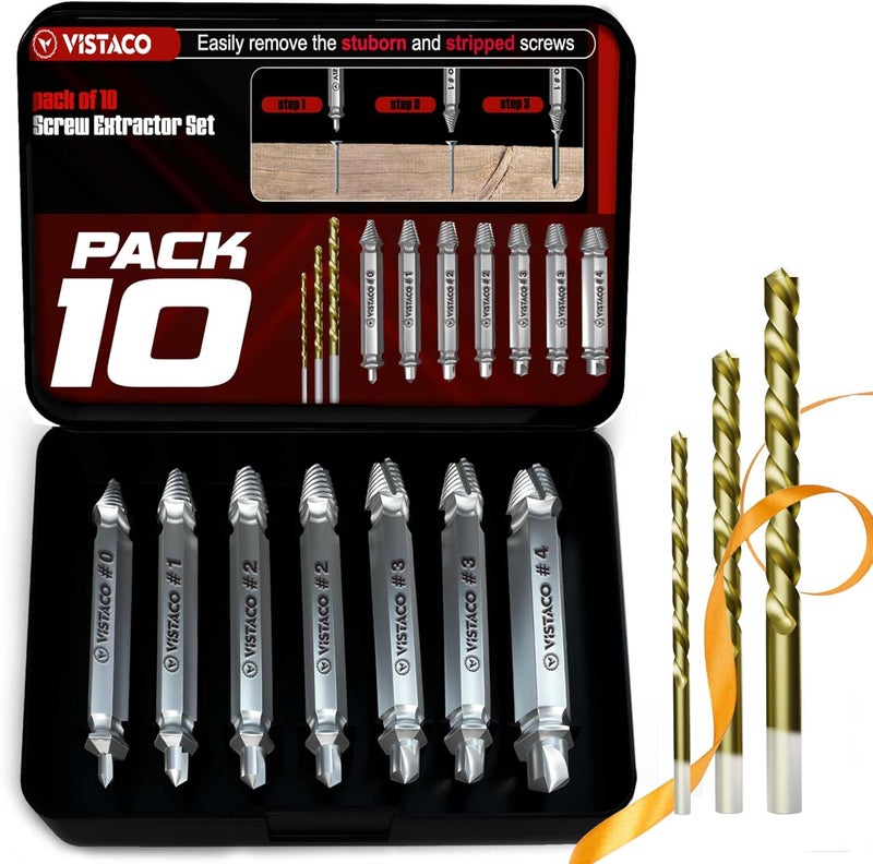 VISTACO Damaged Screw Extractor Set – 10 Pcs Easy Out Stripped Screw Remover Tool for Screws and Broken Bolts – Reverse Drill Bit Extractor Set for Rusted or Stuck Hardware and Tight Spaces - Image 1